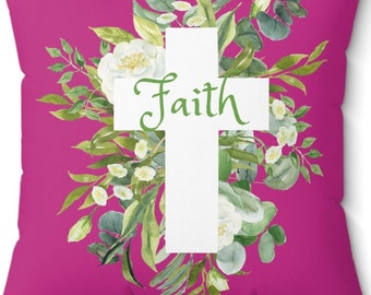 Faith Floral Cross, Faux Suede Square Pillow Case, Customizable Christian Gifts, Sham, Covers, Select Your Size, 14, 16, 18, Or 20 Inches