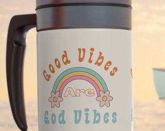 GOOD VIBES Retro Rainbow with Flowers Unique Christian Bible Gift 14oz Stainless Steel Travel Mug with Handle and Lid