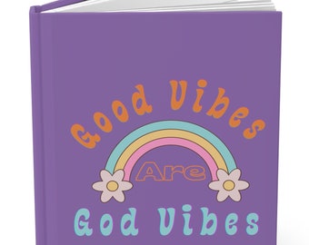 Good Vibes Christian Hardcover Journal, Retro Rainbow Flowers, Unique Hardcover Diary, Lined Notebook in Matte Lavender Laminate