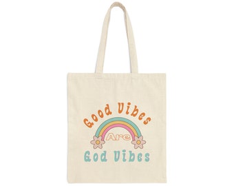 GOOD VIBES Retro Rainbow with Flowers Eco Friendly Canvas Tote Bag , Unique Christian Gift Idea, Free Shipping
