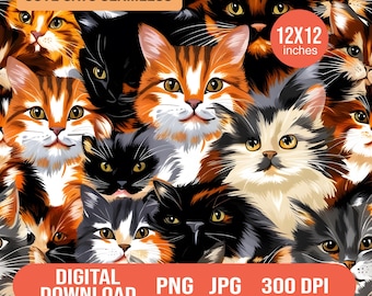 Seamless Cat Faces Pattern: Calico, Tabby (PNG, JPG Digital Paper 12x12, 300 DPI)