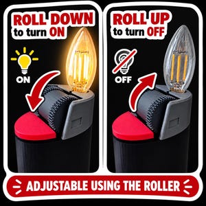 May include: A black device with a red button and a textured roller wheel topped with a clear candle-shaped LED bulb. Text reads: ROLL DOWN to turn ON, ROLL UP to turn OFF, and ADJUSTABLE USING THE ROLLER. Icons show a lightbulb and a crossed-out bulb.