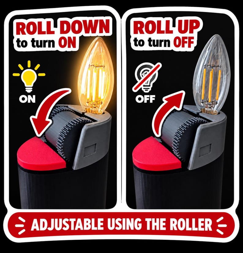 May include: A black device with a red button and a textured roller wheel topped with a clear candle-shaped LED bulb. Text reads: ROLL DOWN to turn ON, ROLL UP to turn OFF, and ADJUSTABLE USING THE ROLLER. Icons show a lightbulb and a crossed-out bulb.