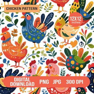 Seamless Chicken Pattern | 12x12&quot; PNG JPG Whimsical Farm Animal Digital Paper | Cute Folk Style Design for Fabric, Crafts, Sublimation