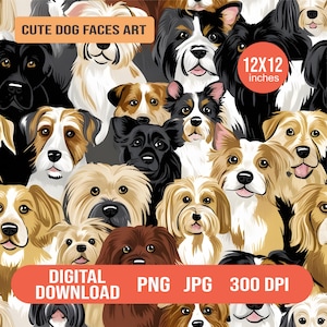Seamless Dog Pattern PNG JPG | Cute Puppy Faces Digital Paper for Fabric, Scrapbooking, Sublimation & Crafts – 12x12, 300 DPI