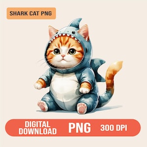 Cute Cat in Shark Costume PNG JPG | Funny Tabby Cat Clipart for Sublimation, Stickers, Shirts, Kids Decor | Transparent & White Background