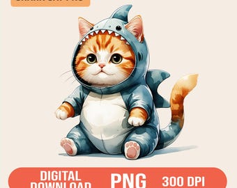 Funny Cat in Shark Costume Clipart: PNG JPG for Sublimation