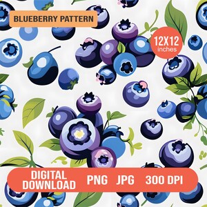 Seamless Blueberry Pattern PNG JPG | 12x12&quot; Fruit Digital Paper | Summer Berry Clipart for Sublimation, Fabric, Stickers & Crafts