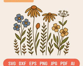 Retro Wildflower Clipart: Boho Floral SVG PNG for Cricut