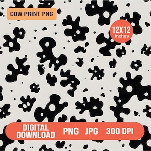 Seamless Cow Print Pattern PNG JPG | 12x12&quot; Black and White Animal Print | Digital Paper for Fabric, Stickers, Sublimation & Crafts