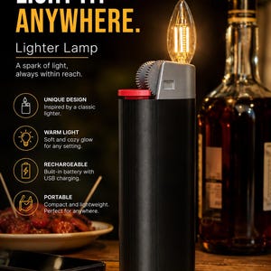 May include: A black cylindrical lamp shaped like a lighter with a red button and a flame-shaped LED bulb on top. The text reads: LIGHT IT. ANYWHERE. Lighter Lamp, UNIQUE DESIGN, WARM LIGHT, RECHARGEABLE, PORTABLE, WARM GLOW, USB CHARGING, LONG LASTING, POCKET SIZE.