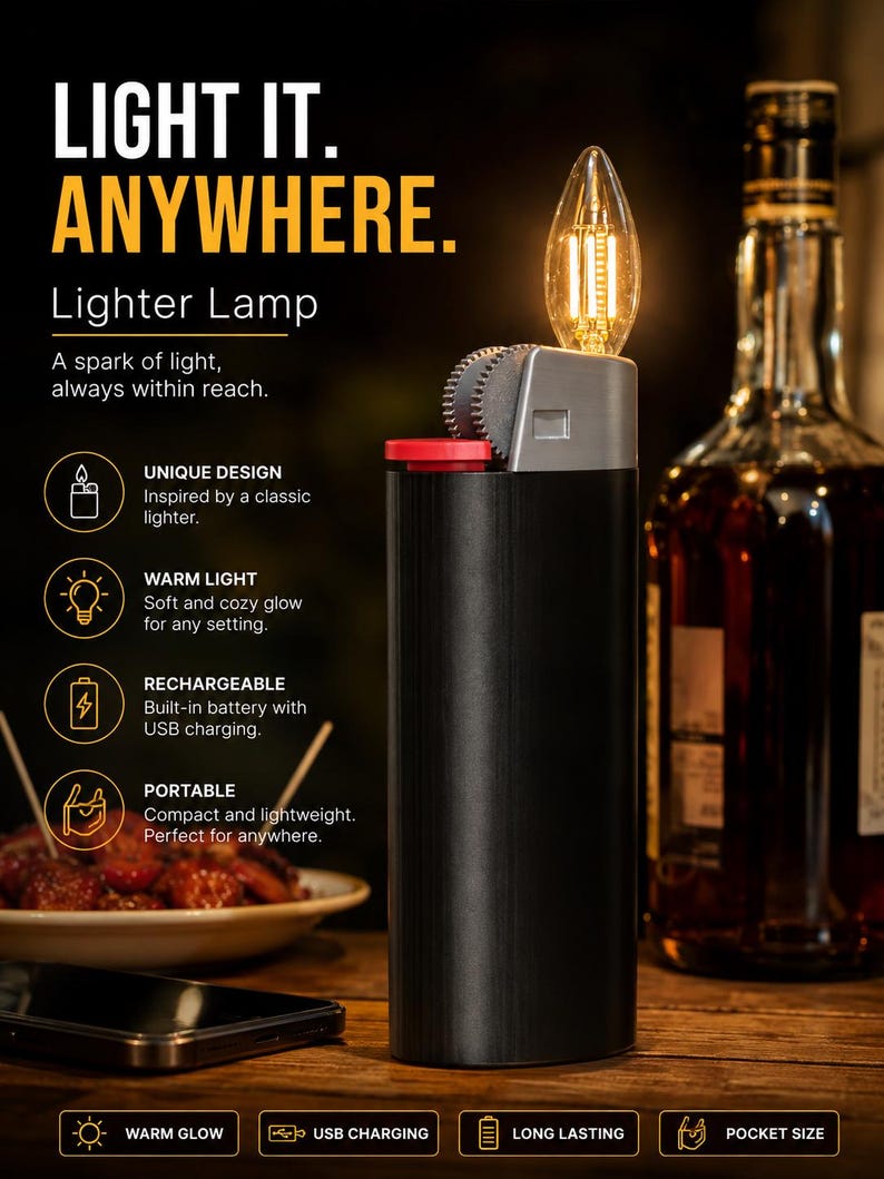 May include: A black cylindrical lamp shaped like a lighter with a red button and a flame-shaped LED bulb on top. The text reads: LIGHT IT. ANYWHERE. Lighter Lamp, UNIQUE DESIGN, WARM LIGHT, RECHARGEABLE, PORTABLE, WARM GLOW, USB CHARGING, LONG LASTING, POCKET SIZE.