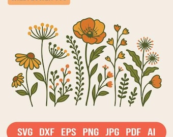 Retro Wildflower SVG Bundle: Hand-Drawn Floral Sketch (Instant Download)