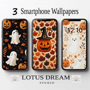 May include: Three smartphone wallpapers with Halloween themes. Each phone displays a different design: a black background with ghosts and pumpkins, a pumpkin with a witch hat, and a ghost with pumpkins and leaves. The text "3 Smartphone Wallpapers" is at the top.