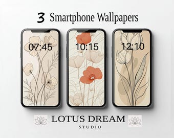 May include: Three smartphone wallpapers featuring minimalist floral designs. The first wallpaper features a light brown background with a design of white flowers and red poppies. The second wallpaper features a light brown background with a design of white flowers and red poppies. The third wallpaper features a light brown background with a design of white tulips. The time is displayed on each wallpaper: 07:45, 10:15, and 12:10.