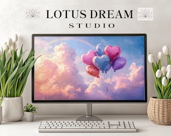 Coquette Desktop Wallpaper, Preppy Wallpaper, Laptop Girly Background, Cute MacBook Wallpaper, Heart Ballons