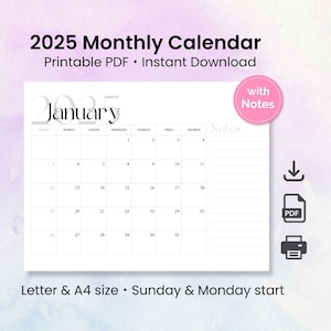 Calendario mensual 2025 con notas, planificador mensual 2025, calendario minimalista, inicio en domingo/lunes, tamaño A4/carta, horizontal, PDF imprimible