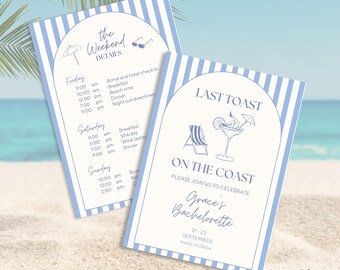 Último brindis en la costa, invitación para despedida de soltera en la playa, plantilla de itinerario, viaje de chicas, fin de semana de chicas, despedida de soltera, plantilla editable