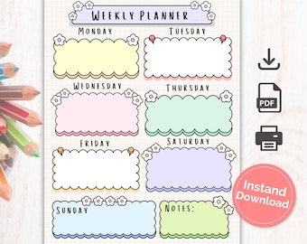Planificador semanal imprimible, horario semanal, lista de tareas semanales, resumen semanal, planificador para niños, familias y estudiantes, planificador colorido y divertido, PDF