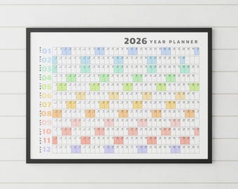 Planificador anual 2026, Calendario de pared 2026, Agenda anual, Calendario imprimible, Póster calendario, Vista general del año, Calendario anual completo, PDF