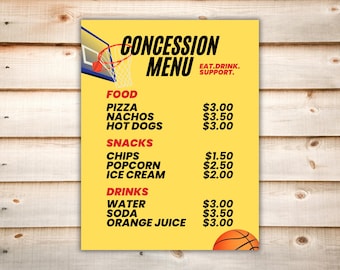 Letrero imprimible para el menú del puesto de concesiones de baloncesto, plantilla editable de Canva, letrero para el bar de refrigerios de eventos deportivos para recaudar fondos para la Asociación de Padres y Maestros (PTA) de la escuela.