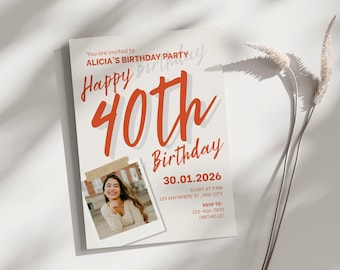 Invitación para el 40 cumpleaños con foto, Tarjeta de invitación para el 40 cumpleaños, Invitación para fiesta, Invitación imprimible, Cumpleaños especial, Plantilla de Canva