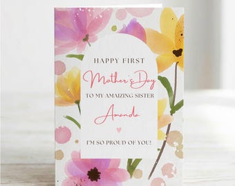 Tarjeta del primer Día de la Madre para mi hermana, Tarjeta floral de feliz primer Día de la Madre, Regalos para mamás primerizas, Mamá primeriza, Plantilla editable de Canva