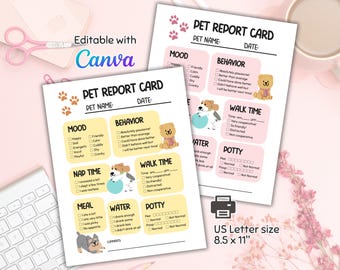 Boletín de calificaciones canino editable, boletín de calificaciones de mascotas, boletín de calificaciones de guardería y cuidado de perros, formulario de cuidado de mascotas, alojamiento de perros, plantilla de Canva, PDF