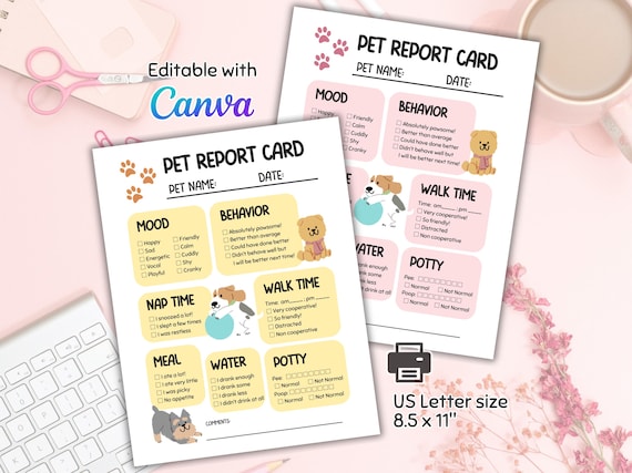 Editable Dog Report Card, Pet Report Card, Doggy Daycare & Dog Sitter Report Card, Pet Sitter Form, Dog Boarding, Canva Template, PDF