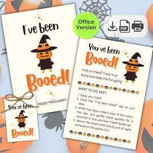 May include: Halloween-themed printable cards and tags with the text "I've been Booed!" and "You've been Booed!" featuring a pumpkin character wearing a witch hat. Includes instructions and a "Happy Halloween!" message.