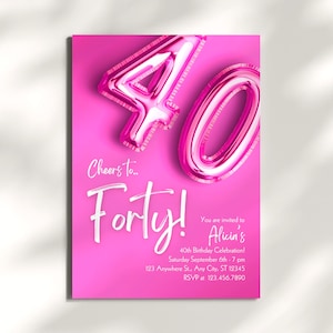 40. Geburtstagseinladung, 40. Geburtstagskarte, Rosa Geburtstagseinladung, Prost auf Vierzig, digitaler Download, bearbeitbare Canva-Vorlage