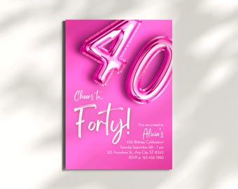 40th Birthday Invitation, 40th Birthday Card, Pink Birthday Invitation, Cheers to Forty, Digital Download, Editable Canva Template