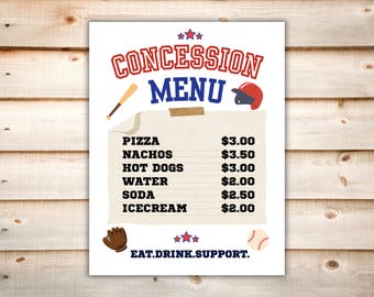 Letrero imprimible para el menú del puesto de concesiones de béisbol, plantilla editable de Canva, menú del bar de aperitivos de las ligas menores, letrero para el estadio de béisbol para recaudar fondos para la PTA