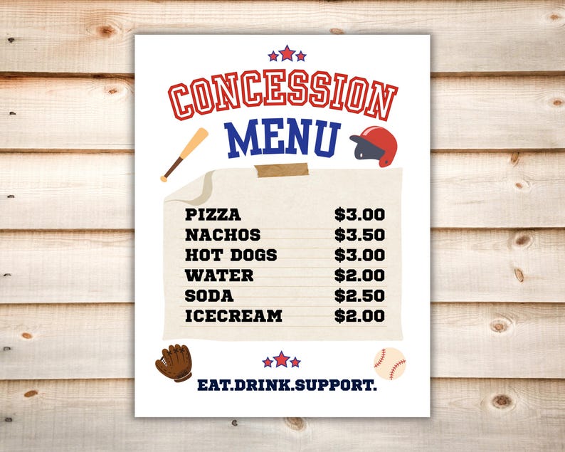 Baseball Concession Stand Menu Sign Printable, Editable Canva Template ...