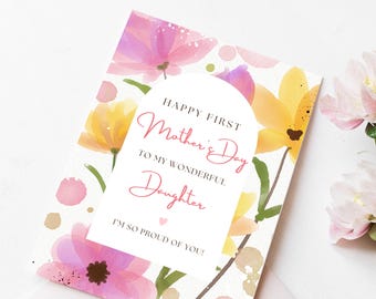 Tarjeta para el primer día de la madre para hija, tarjeta floral para el primer día de la madre, regalos para mamás primerizas, plantilla editable de Canva