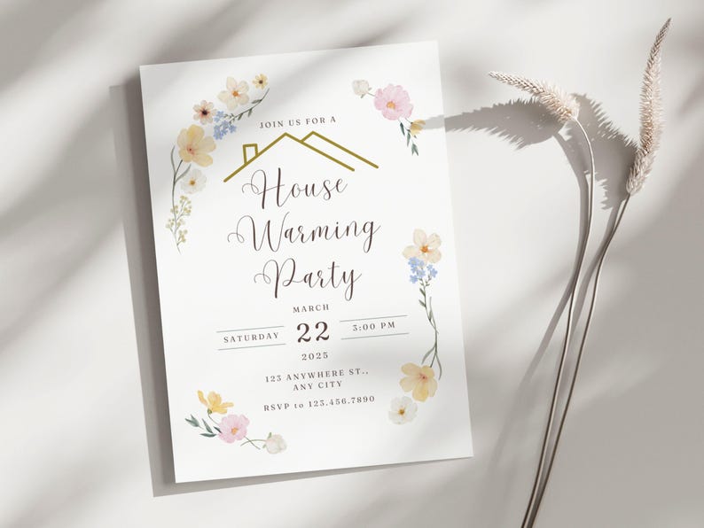May include: A white card with a floral border and gold lettering announcing a housewarming party on Saturday, 22nd March at 3:00 PM. The invitation includes the address and RSVP information.