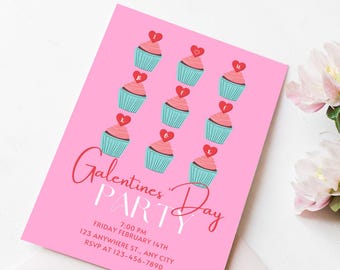 Invitación para fiesta de Galentine, tarjeta rosa de San Valentín, invitación para una noche de chicas, invitación con cupcakes de San Valentín, plantilla editable de Canva
