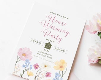Invitación a fiesta de inauguración de casa, Tarjeta de invitación floral, Anuncio de mudanza de primavera, Hogar dulce hogar, Plantilla editable