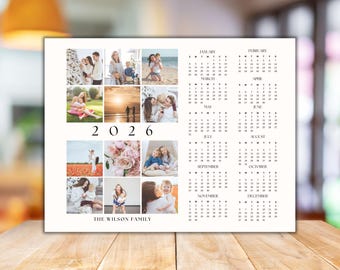 Plantilla de calendario fotográfico editable 2026, calendario familiar personalizado, regalo fotográfico personalizado, calendario de pared, plantilla imprimible de Canva