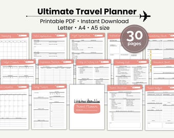 Planificador de viajes imprimible, plantilla de itinerario de viaje, planificación de vacaciones, planificador digital de itinerario de viaje, lista de equipaje, diario de viaje