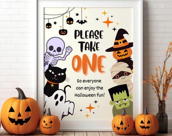 Letrero de Halloween "Por favor, llévate uno", letrero de tazón de dulces de Halloween, letrero de truco o trato, letrero de Halloween para puerta, decoración de porche, descarga digital, imprimible