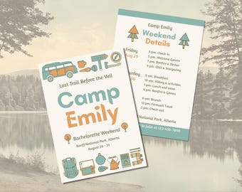 Plantilla de invitación e itinerario para despedida de soltera en campamento, invitación para despedida de soltera, viaje de chicas, fin de semana de chicas, último viaje antes del velo, Canva