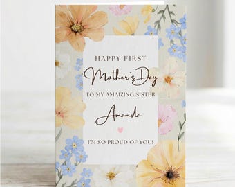 Tarjeta del primer Día de la Madre para mi hermana, Tarjeta floral de feliz primer Día de la Madre, Regalos para mamás primerizas, Mamá primeriza, Plantilla editable de Canva