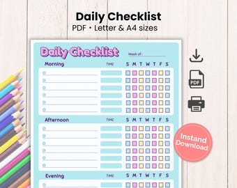 Lista de verificación diaria imprimible, rutina diaria, planificador diario de tareas, rastreador de tareas, rastreador de hábitos diarios, lista de tareas semanales, planificador semanal (PDF)