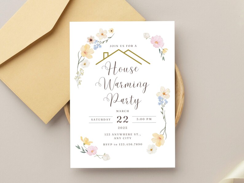 May include: A white invitation card with a floral border and a gold house icon. The text reads "Join us for a House Warming Party" with the date and time: "Saturday, March 22, 2025, 5:00 PM". The address and RSVP information are also included.