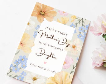 Tarjeta para el primer día de la madre para hija, tarjeta floral para el primer día de la madre, regalos para mamás primerizas, plantilla editable de Canva