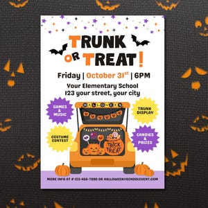 May include: A Halloween poster with the words "TRUNK OR TREAT!" in orange and black. The poster features a car trunk decorated with pumpkins and sweets, and the date, October 31st, is displayed. The background is black with jack-o'-lanterns.