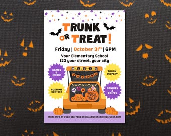 Volante editable de "Baúl o Trato", invitación de "Baúl o Trato", invitación para fiesta de Halloween, evento de Halloween en la escuela, iglesia y vecindario, festival de otoño