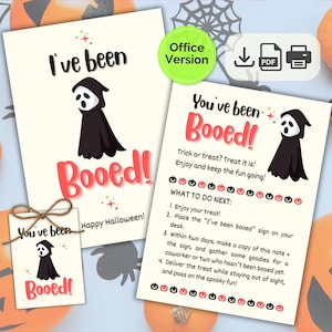 May include: Halloween cards and tags featuring a ghost illustration and the phrases "I've been Booed!" and "You've been Booed!". Includes instructions for a Halloween game. Pumpkins and spiderwebs decorate the background.
