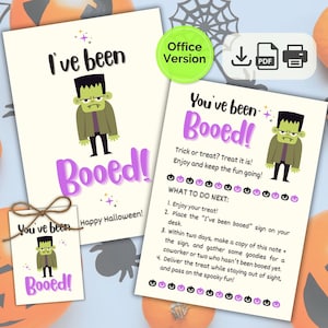 May include: Halloween-themed printable cards and tags with the text "I've been Booed!" and "You've been Booed!" featuring a cartoon Frankenstein's monster. Includes instructions and decorative pumpkins.